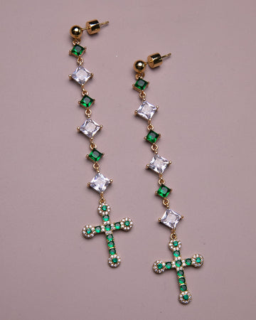 Green Goddess Cross Earrings