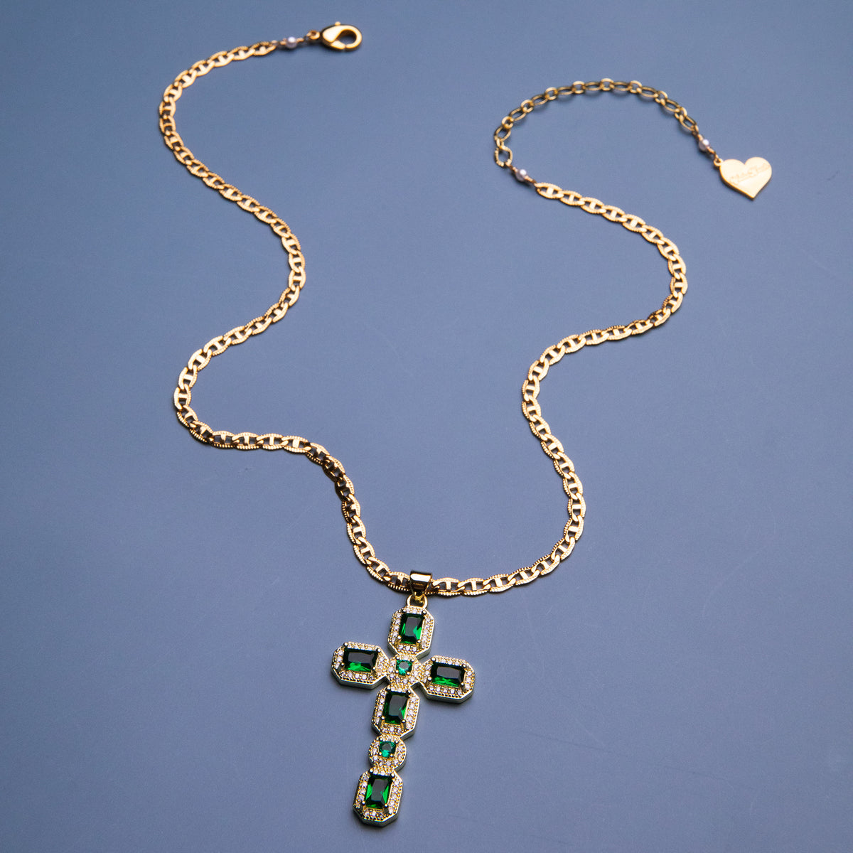 Gold Emerald & Brilliant Cut Diamond Cross Pendant Elegant Gold Ornate Pave CZ Cross Brooche w/Emerald. main image 1