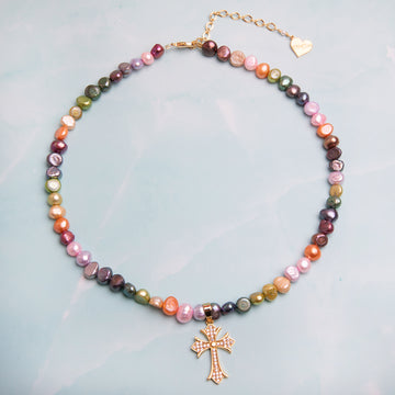 Multicolor Pearl Crystal Cross Necklace