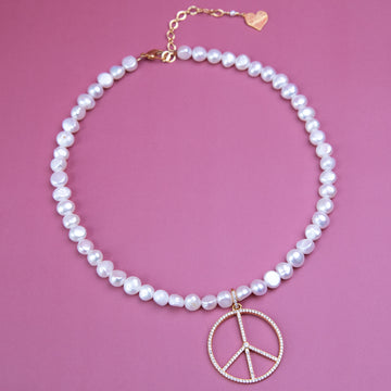 Pearl Pavé Peace Sign Necklace