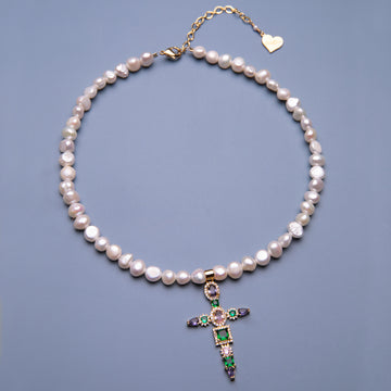 Pearl Multi Gem Cross Necklace