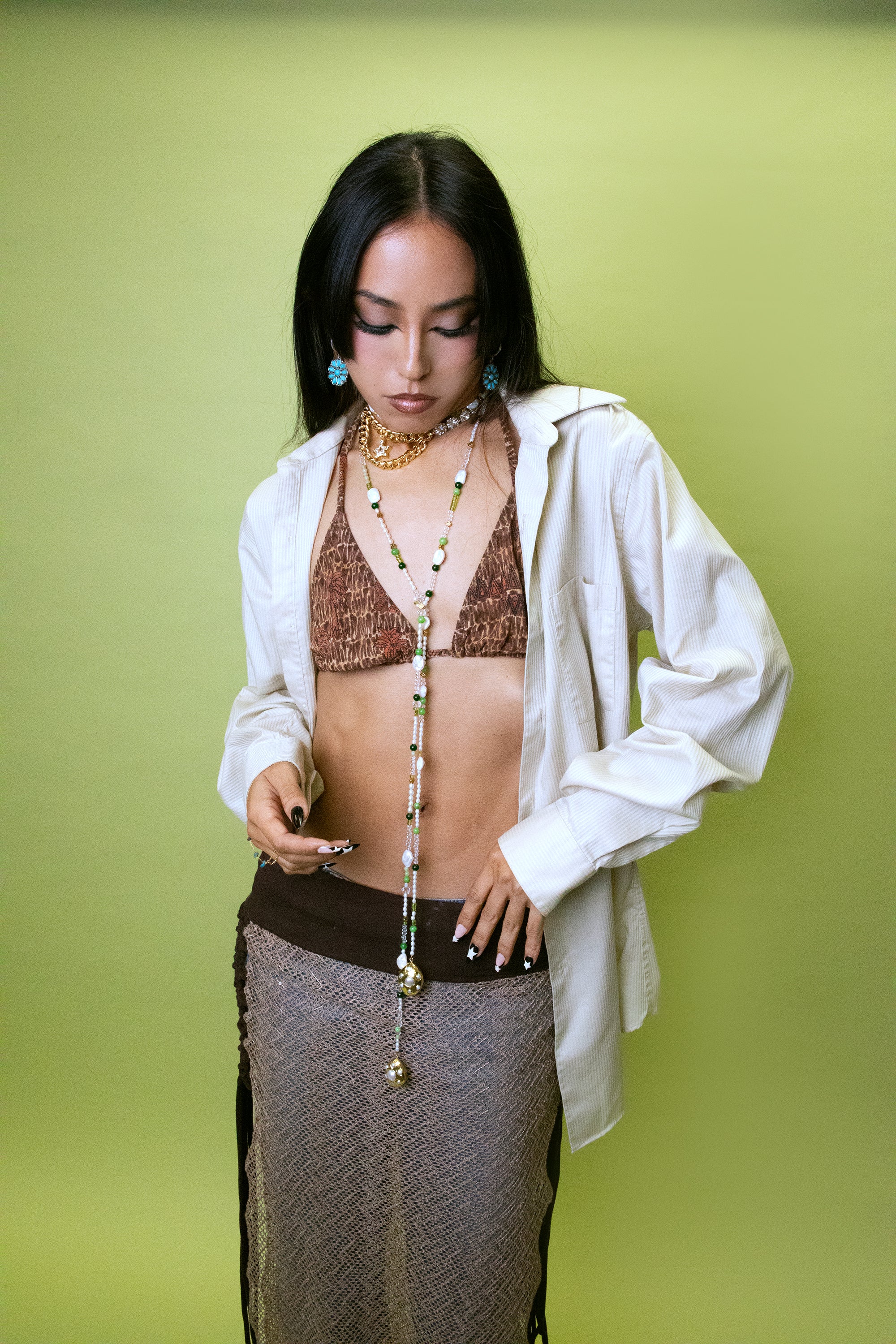 Beaded Pearl Lariat Necklace