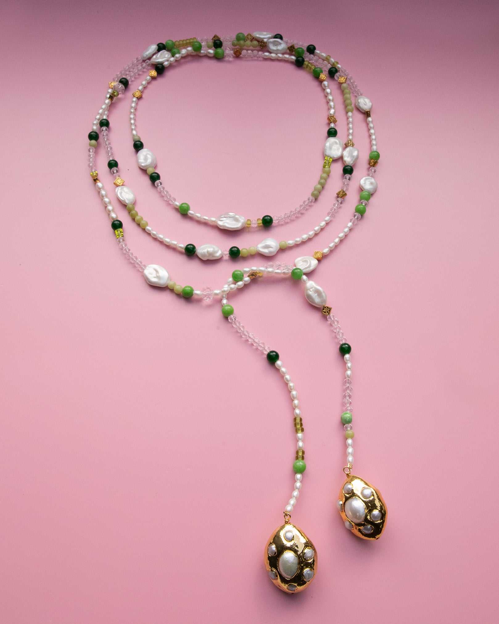 Beaded Pearl Lariat Necklace