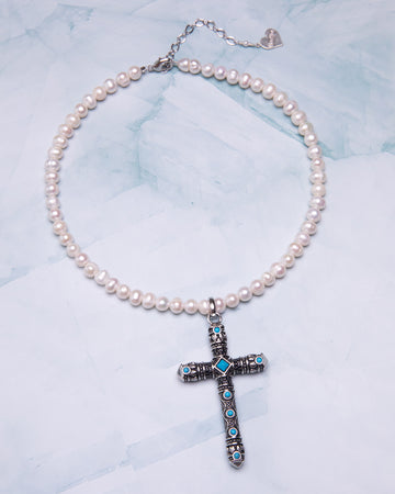 Pearl Turquoise Cross Necklace