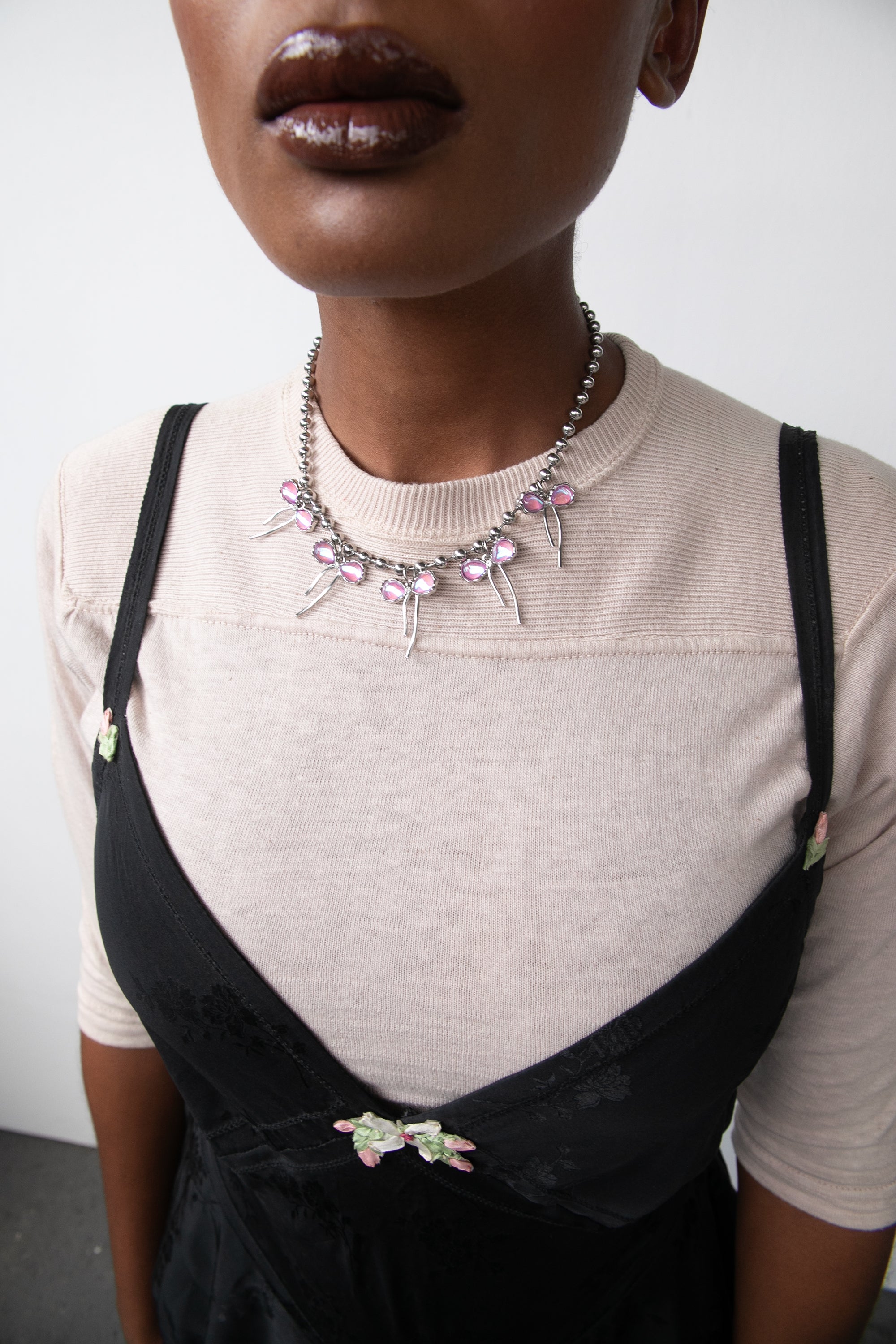 Iridescent Bow Ball Chain Necklace