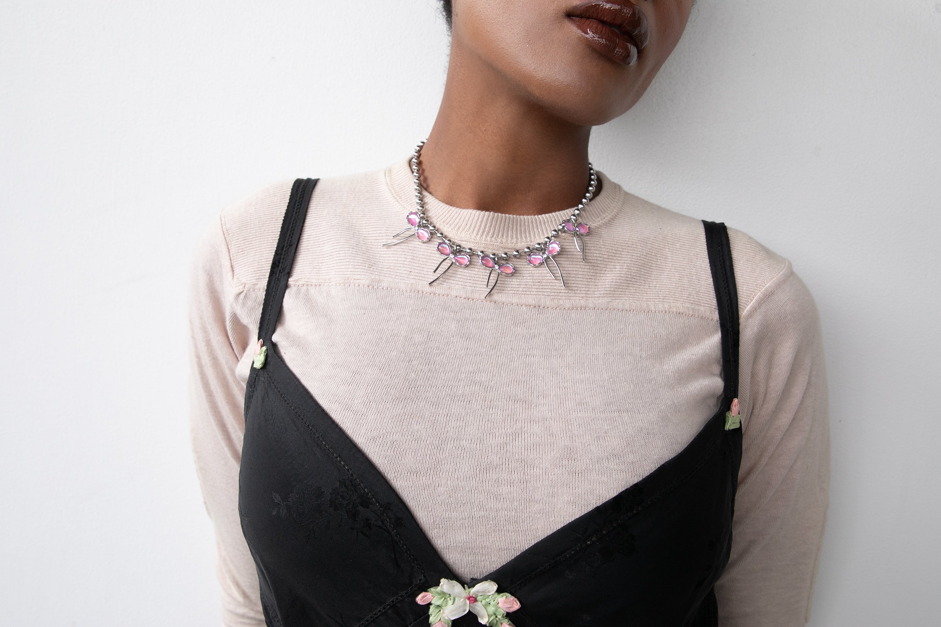 Iridescent Bow Ball Chain Necklace