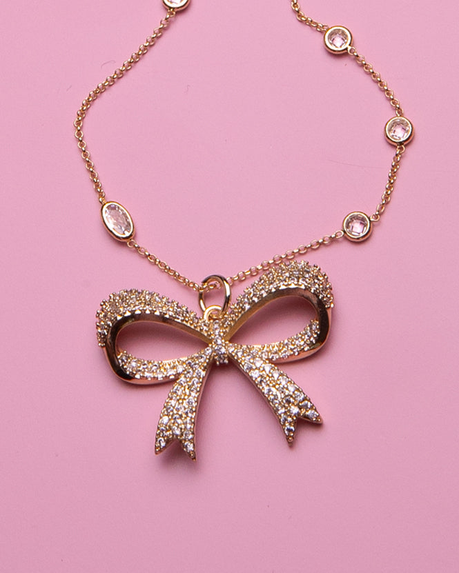 Sparkle Bow Rain Drop Necklace