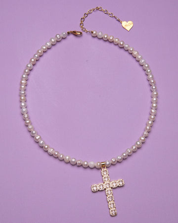 Pearl Large Crystal Cross Necklace
