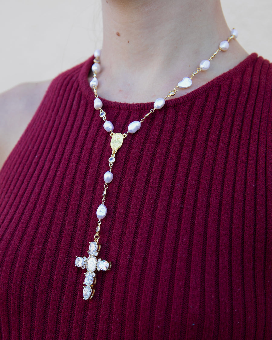 Pearl Virgin Mary Cross Rosary