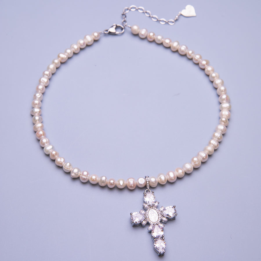 Pearl Virgin Mary Cross Necklace