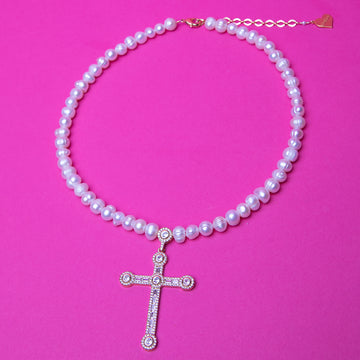 Pearl Cubic Budded Cross Necklace