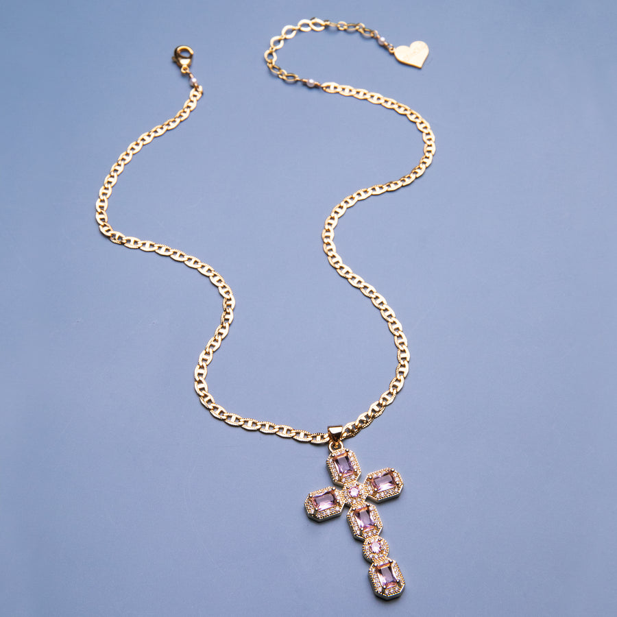 Sparkle Cut Filigree Ornate Cross Pendant Necklace (Yellow/ Rose/ White)