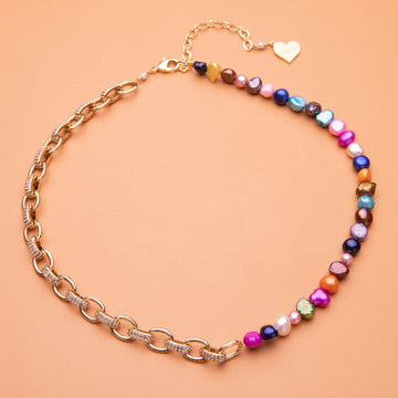 Multi-Color Pearl 50/50 Fancy Chain Necklace