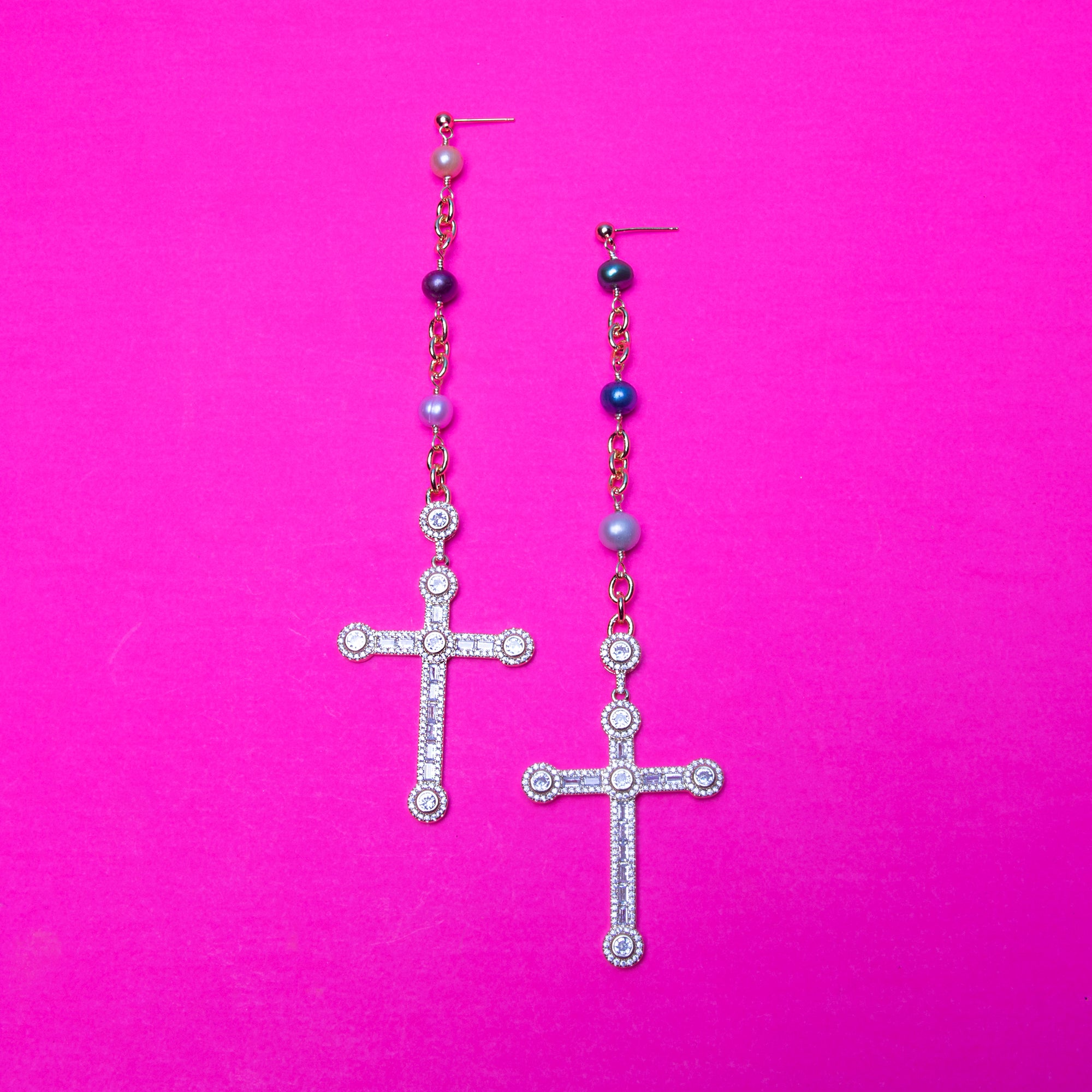 Multicolor Pearl Cross Earrings
