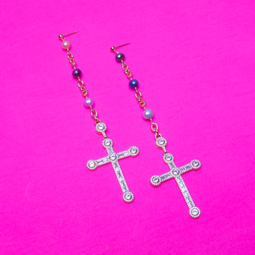 Multicolor Pearl Cross Earrings