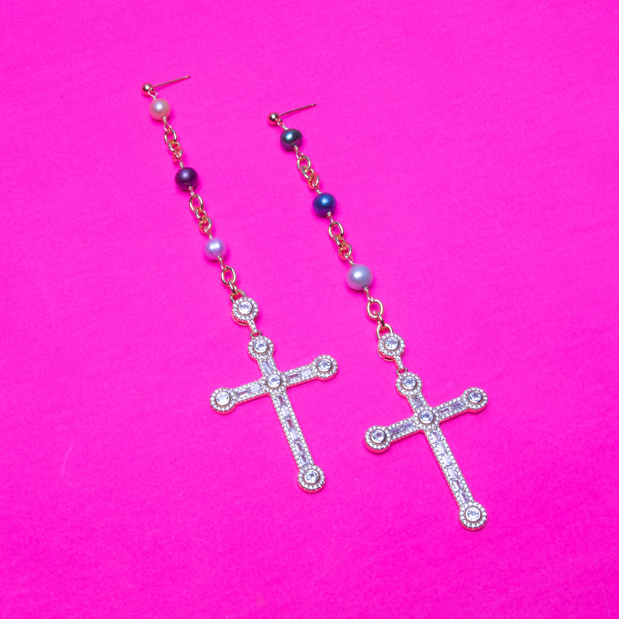 Multicolor Pearl Cross Earrings