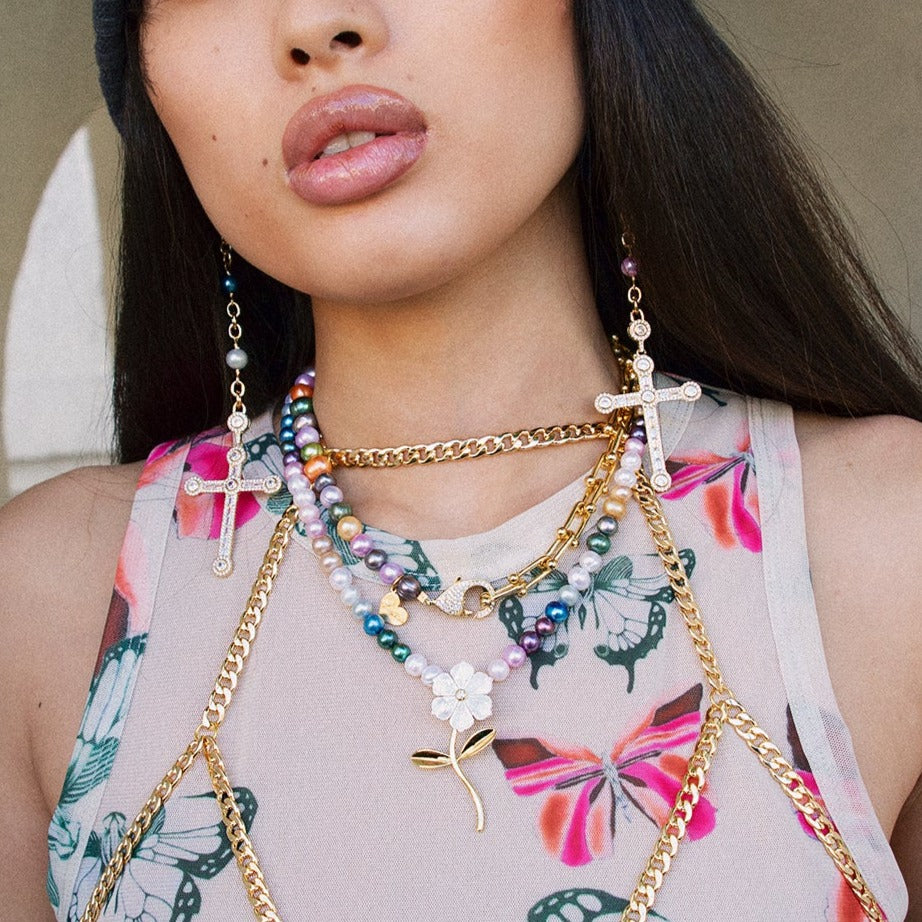 Multicolor Pearl Cross Earrings