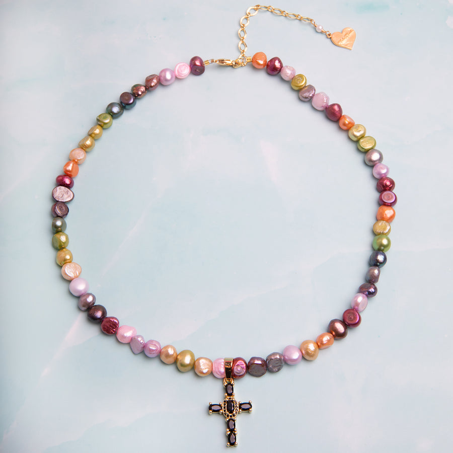 Multicolor Pearl Night Cross Necklace