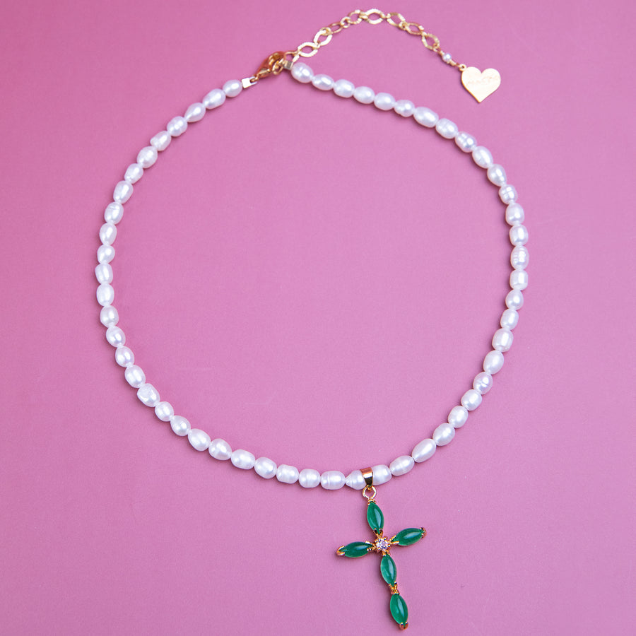 Pearl Jade Cross Necklace