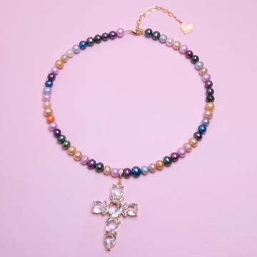 Multicolor Pearl XL Cross Necklace