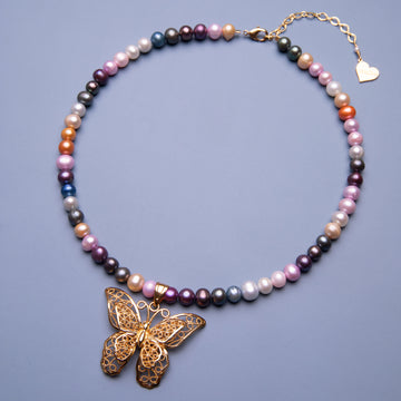 Multicolor Pearl Butterfly Necklace