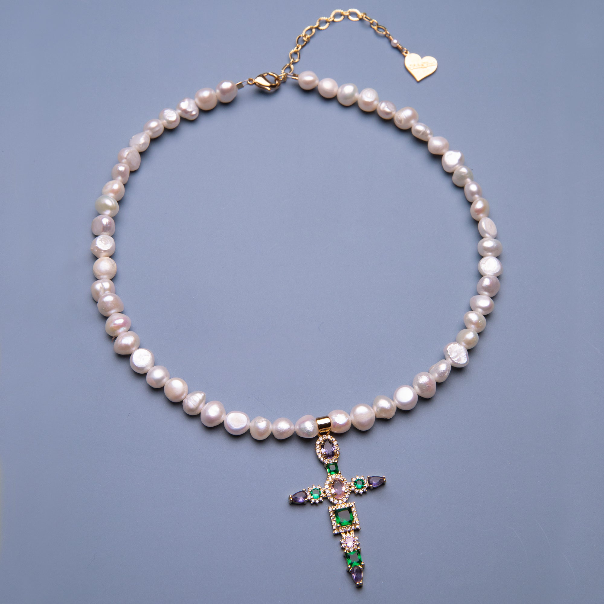Pearl Multi Gem Cross Necklace
