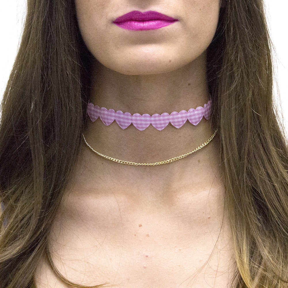 Pink Gingham Heart Choker Chain