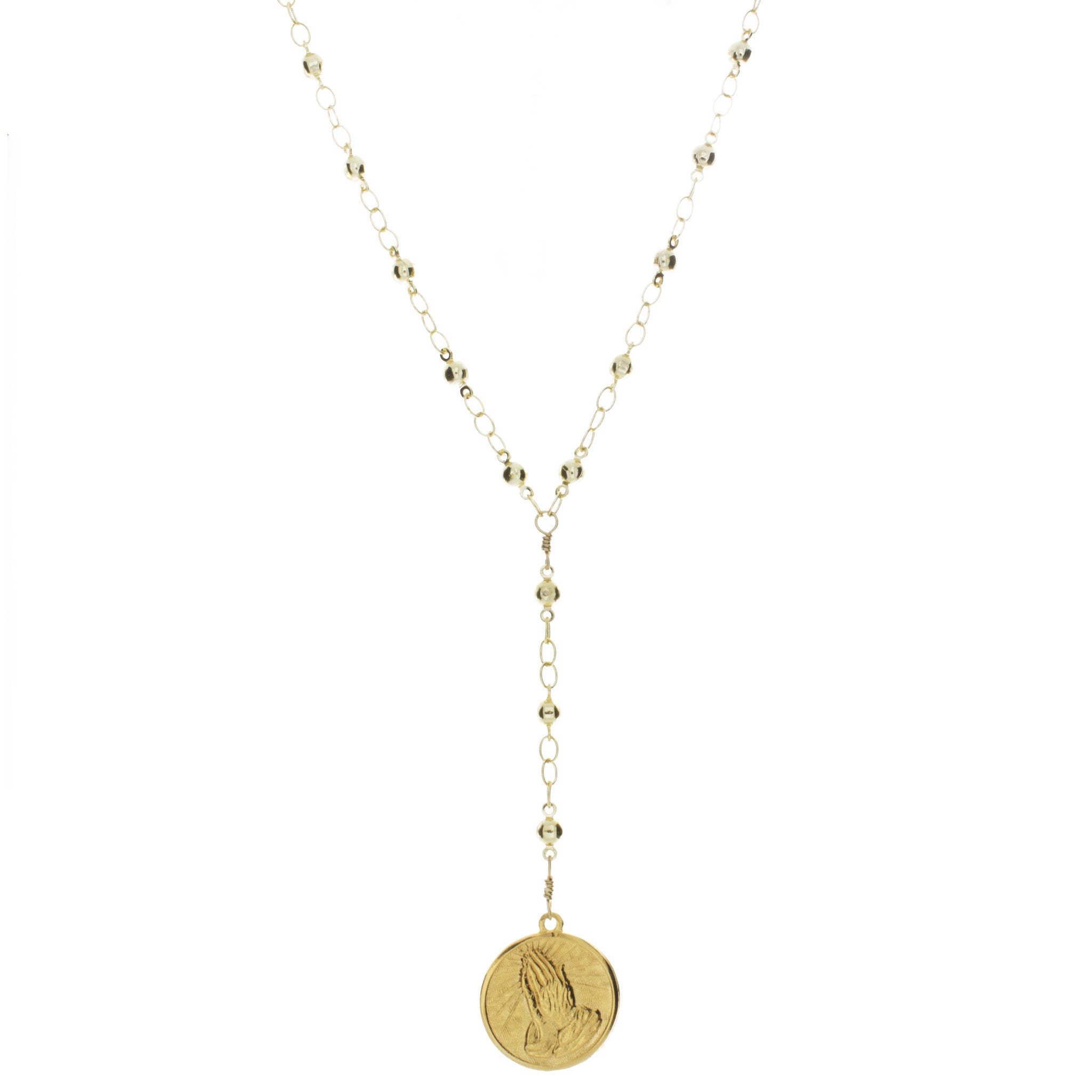 Praying Hands Coin Rosary Necklace