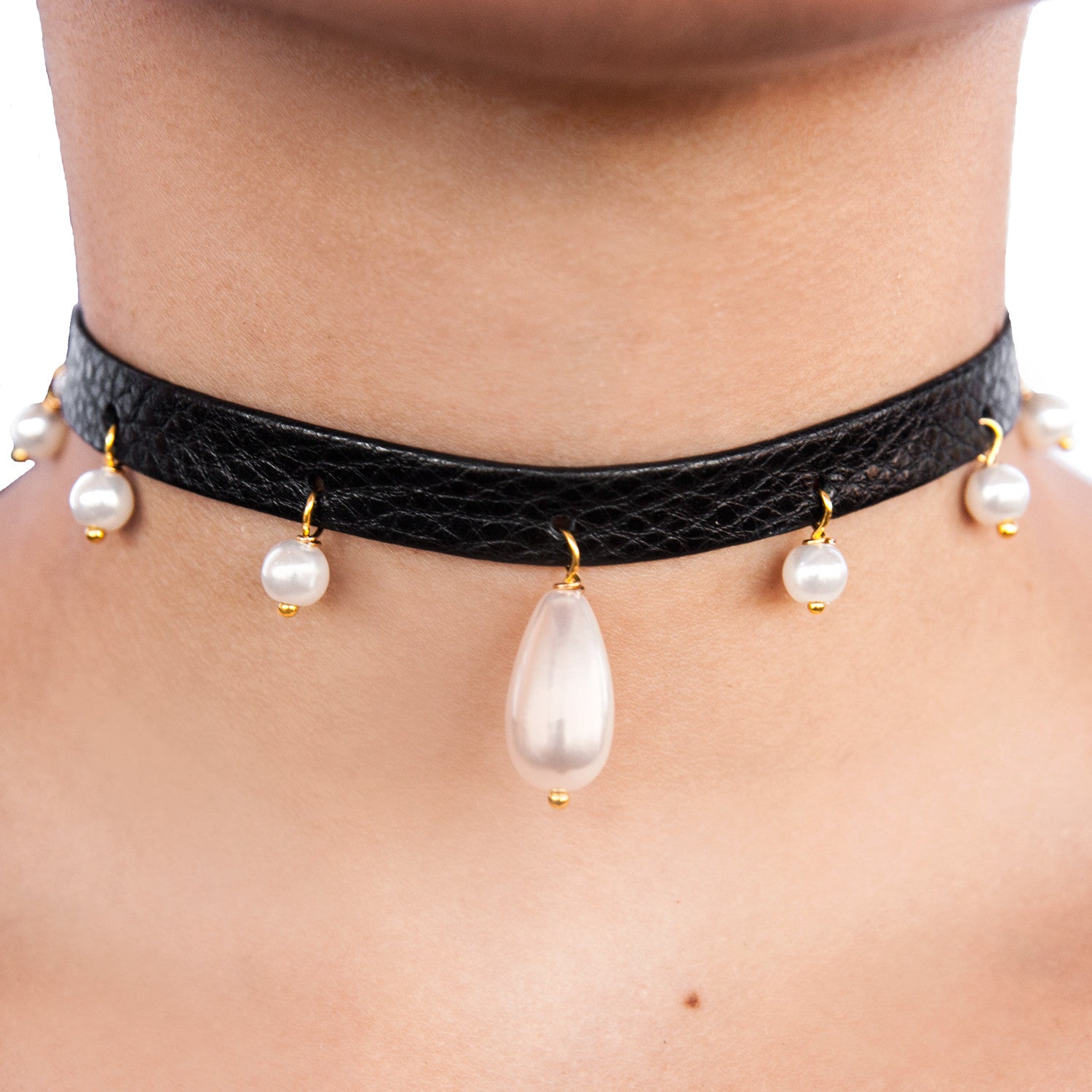 Mini Pearl Ball Teardrop Leather Choker